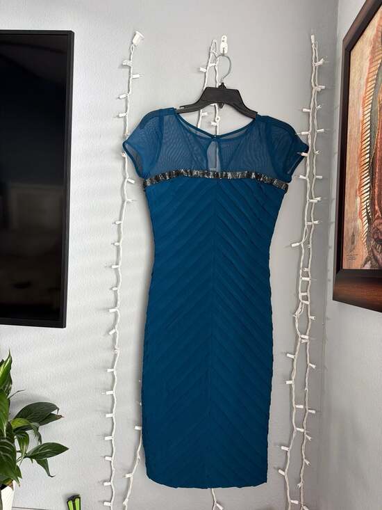 Calvin Klein Dresses & Skirts - Calvin Klein Teal Mesh Yoke Beaded Chevron Pleated Sheath Dress